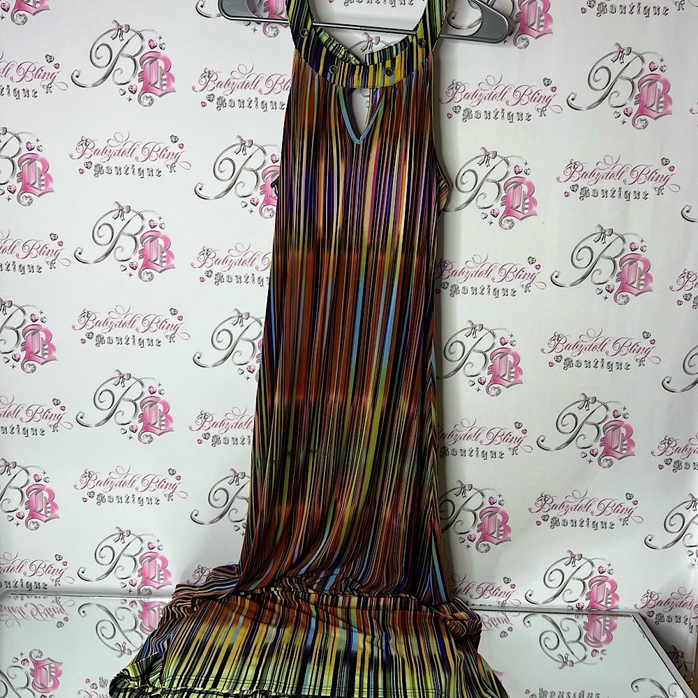 Mlle Gabrielle dress long ombré color stripes detail neck Vibrant Striped